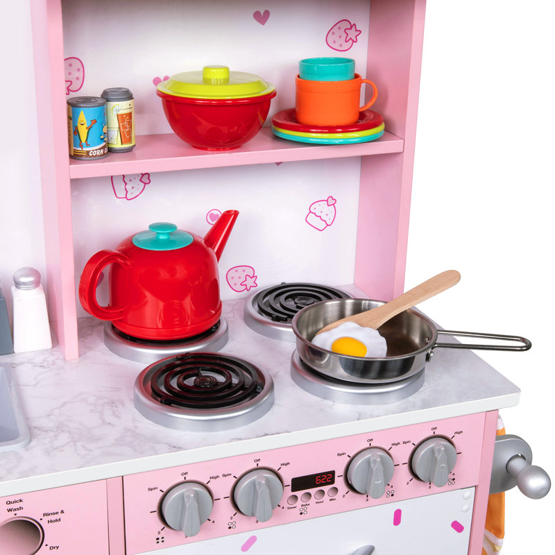 Lil Jumbl Kids Kitchen Set Wooden Pretend Play Kitchen with Sounds Accessories Pink Sprinkles